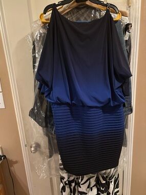 Cache Ombre One-Shoulder Dress in Navy and Royal Blue